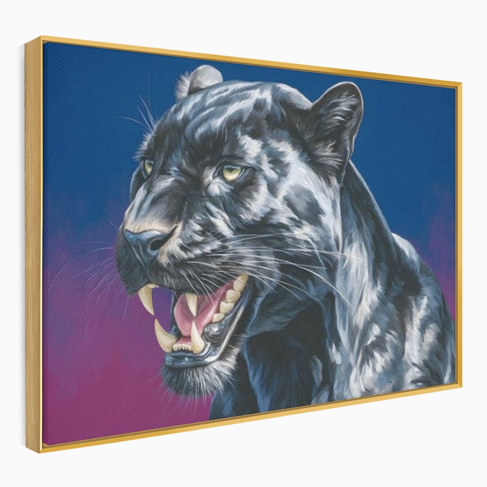 Tablou canvas cu tablou canvas cu pantera neagra, in rama de aluminiu auriu